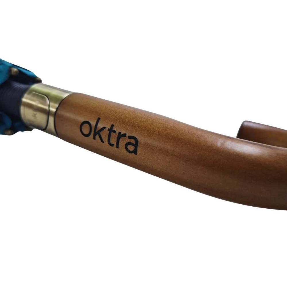 Close-up of personalised wooden crook handle and button