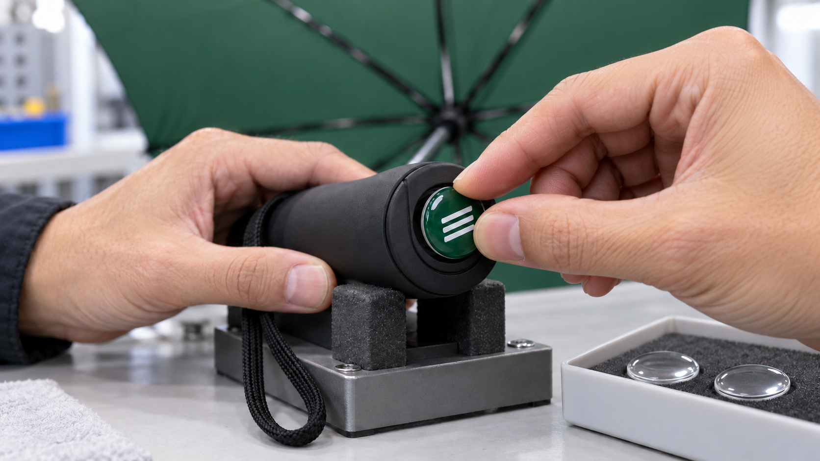 Umbrella button and cap branding