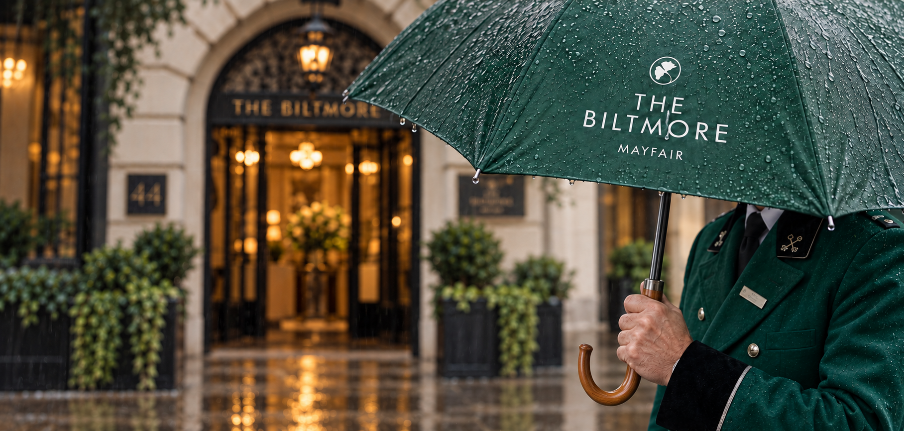 Branded city walking umbrella with a curved wooden handle