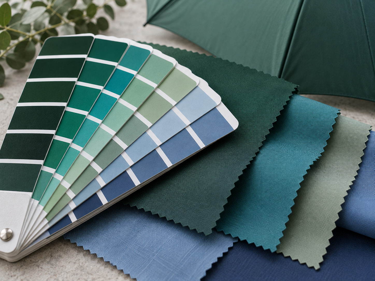 Colour matching fan deck alongside umbrella fabric samples